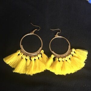 Yellow and Gold Fan Shaped Tasseled Earrings
